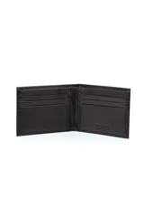 Billetera de cuero negro con doble compartimento para billetes y doble compartimento para tarjetas. Incluye caja individual.