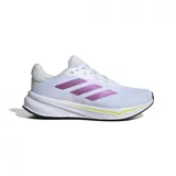 Championes Adidas Response para mujer, color blanco con detalles en lila y amarillo. Zapatillas de running con suela de goma y las tres tiras características de la marca en los laterales.