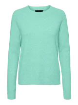 Suéter de punto color verde agua, con cuello redondo y mangas largas.