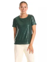 Blusa de lentejuelas color verde oscuro, marca Ninety, con escote a la base, manga corta y forro interno a tono.