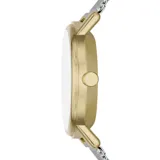 Reloj Skagen modelo Kuppel Lille, con caja dorada de 32mm y malla metálica plateada. Esfera blanca con segundero pequeño y cristal mineral resistente. Resistente al agua 5 ATM.