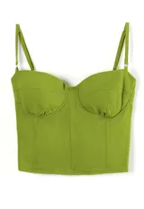Top corset de lino color verde oliva, con tiras ajustables y cierre trasero.