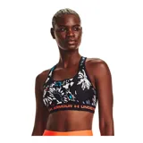 Top deportivo Under Armour con estampado abstracto en tonos verde militar y negro, breteles finos blancos y banda elástica con logo de la marca.