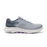 Championes Skechers Go Walk 7 Cosmic Waves, color gris con detalles en lila. Capellada de malla, cordones elásticos, plantilla Air-Cooled Goga Mat, amortiguación Ultra Go y tecnología Hyper Pillar.