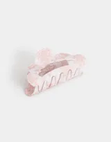 Broche para el pelo tipo pinza, de acrílico color blanco con estampado de rosas rosadas.