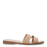 Sandalias Bottero tipo slide de cuero negro, con base plana color marrón y detalle metálico dorado en la tira superior.