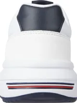 Zapatillas Tommy Hilfiger blancas con detalles en azul marino. Presentan una mezcla de texturas en los paneles y el logo de la marca en el lateral. Suela gruesa de EVA y cierre con cordones.
