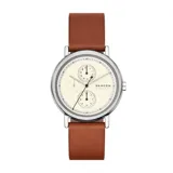 Reloj Skagen Signatur con caja plateada de 40mm, esfera color crema con tres subesferas y correa de cuero marrón.