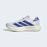 Championes Adidas Duramo Speed 2, color blanco con detalles en azul y suela blanca.