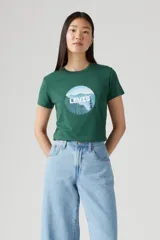 Remera verde con estampado circular con el logo de Levi's y un paisaje montañoso.
