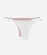 Kit de dos bombachas colaless de algodón, una blanca y otra rosa, con laterales ajustables, detalles de encaje y moño.