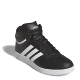 Championes Adidas Hoops 4.0 Mid de caña media, color negro con detalles en blanco. Confeccionados en cuero sintético con las tres tiras características de la marca en los laterales y suela de goma blanca.