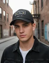 Gorra trucker negra con parche bordado con el texto "Refuse to Lose" y dos rayos dorados.