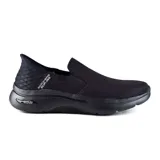 Championes Skechers Hands Free Slip-Ins Go Walk Arch Fit 2.0, color negro. Diseño sin cordones con capellada de malla técnica, plantilla Arch Fit removible y amortiguación Ultra Go.