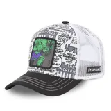 Gorro CapsLab con visera curva, de malla blanca y frente estampado con imágenes de Hulk y onomatopeyas de comics.