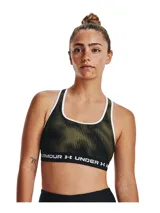 Top deportivo Under Armour con estampado abstracto en tonos verde militar y negro, breteles finos blancos y banda elástica con logo de la marca.
