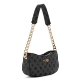 Bolso de hombro Guess Evelune chica, color negro con estampado del logo de la marca en gris. Tiene herrajes dorados, cierre superior con cremallera y correa de hombro con cadena dorada y cinta estampada.