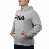 Buzo canguro Fila gris con capucha y cordones ajustables. Logo de la marca estampado en el pecho en azul y rojo.
