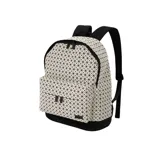 Mochila de PVC color blanco con estampado geométrico negro, con correas y base negras.