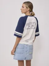 Remera bicolor Rusty con cuerpo verde lima y mangas ranglán grises con dos rayas blancas en los puños. Estampado frontal con el logo de la marca y el número 85.