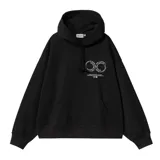 Buzo hoodie negro de corte holgado, con capucha ajustable con cordón y bolsillo tipo canguro. Estampado circular con el logo de Carhartt WIP en el pecho.