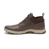 Bota de cuero marrón con cordones, caña media y suela de goma color beige.