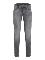 Jean de corte slim fit, color gris lavado, con tiro bajo, rodilla ajustada y pierna ceñida.