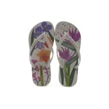 Ojotas Ipanema Sem Igual Fem con estampado floral en tonos violeta, naranja y rosa sobre base blanca.