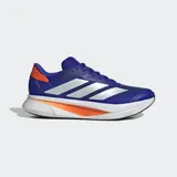 Championes de running Adidas Duramo SL 2, color azul intenso con tres franjas laterales plateadas. Presentan detalles en naranja en el talón y en la mediasuela blanca con tecnología LIGHTMOTION.