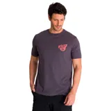 Remera gris de algodón con cuello redondo y manga corta. Estampado pequeño en el pecho con el logo de la marca en color rojo.