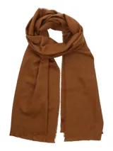 Bufanda unisex color marrón confeccionada con lana de oveja y fibras recicladas, con terminaciones desflecadas.