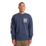 Buzo azul con cuello redondo y puños acanalados. Presenta un estampado en el pecho con el logo de la marca Roark y un diseño de hojas en la manga izquierda.