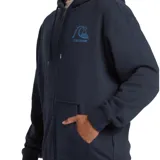 Canguro azul marino con cierre frontal, capucha con cordones ajustables, bolsillo tipo canguro y logo de Quiksilver estampado en el pecho.