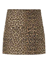 Minifalda animal print con estampado de leopardo, cierre con cremallera, bolsillos delanteros y traseros, cintura alta y trabillas para cinturón.