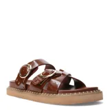 Sandalias marrones con tiras anchas de cuero sintético y hebillas doradas.