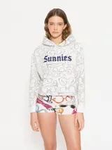 Buzo blanco con estampado de anteojos, con capucha y mangas largas.