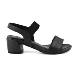 Sandalias de cuero negro con taco bajo y pulsera elástica en el tobillo.