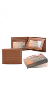 Billetera de cuero color marrón claro con bordado zigzag en degrade de colores. Interior con repartición para billetes, volante, visor y tarjeteros.
