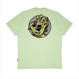 Remera verde claro de manga corta con estampado en la espalda de la mano gritando de Santa Cruz Skateboards. El estampado está dentro de un círculo gris con una cruz de madera detrás.