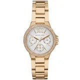 Reloj Michael Kors con caja de acero inoxidable dorada de 33 mm, bisel con strass, esfera blanca multifunción con números romanos dorados y pulsera de acero inoxidable dorada.