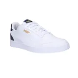Championes Puma Shuffle de hombre, color blanco con detalles en azul marino y dorado.