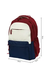 Mochila de diseño color block con tres secciones principales: superior gris claro, media blanca y inferior negra. Cuenta con múltiples compartimentos con cierres de cremallera y tiradores de cordón anudado.