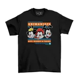 Remera negra con estampado de los personajes de Animaniacs: Dot, Wakko y Yakko.