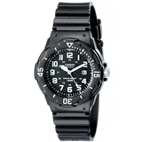 Reloj Casio de mujer con caja de resina negra de 34mm, esfera negra analógica con números arábigos blancos, ventana de fecha y cristal mineral. Malla de resina negra, bisel giratorio estilo diver y resistencia al agua de 100 metros.