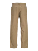 Pantalón chino color beige de pierna ancha, con cintura media y bajo doblado. Cierre con gancho y cremallera, bolsillos delanteros y traseros. Fit amplio en toda la pierna y muslos. Confeccionado en canvas, un tejido plano resistente que no se estira como los tejidos de punto.