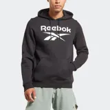 Sudadera con capucha Reebok para hombre, color negro, con el logo de Reebok en blanco en el pecho. Presenta un bolsillo canguro frontal y puños y dobladillo acanalados.
