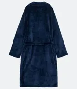 Bata de baño azul marino de fleece con mangas largas, amarre en la cintura y bolsillos frontales.