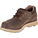 Zapato de hombre Caterpillar modelo Prez, color marrón oscuro, estilo casual de caña baja con cordones. Fabricado en nobuck impermeable, forro de malla de nailon, plantilla Ease y suela de goma duradera.