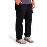 Pantalón cargo negro de corte recto, con bolsillos laterales con solapa y bolsillos traseros.