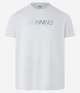 Remera deportiva gris de poliéster con tecnología Dry, cuello redondo, mangas cortas y estampa frontal con la palabra "Running".